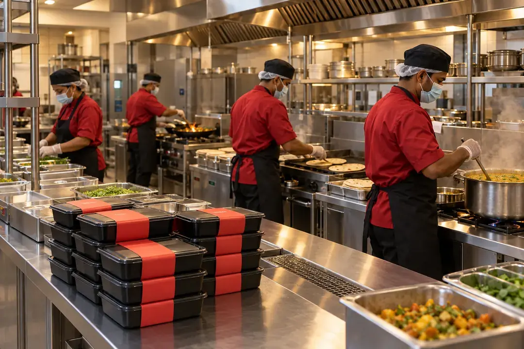 Delishush cooks in red and black uniforms preparing meals, with sealed black meal boxes ready on the counter